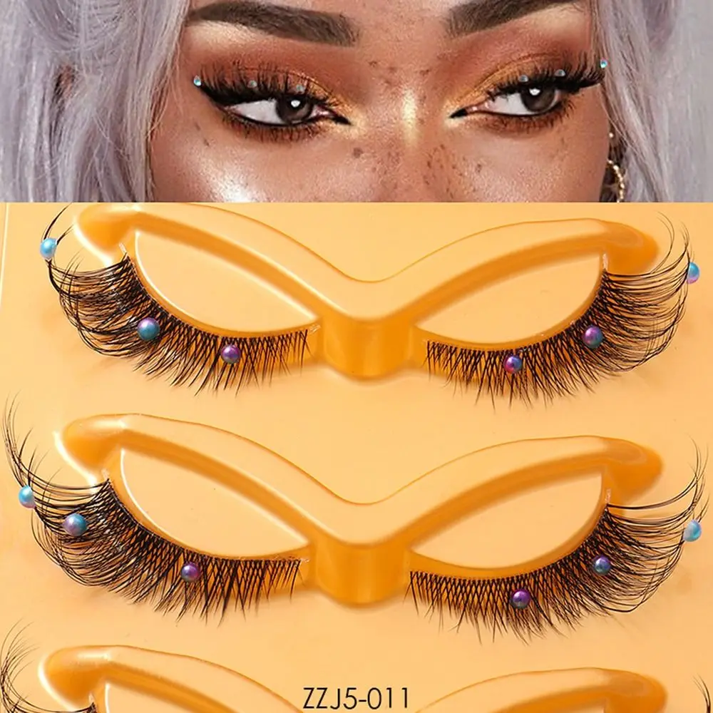 5 Pairs Portable With Diamond Eye Lashes Natural Fluffy Transparent Stems Faux Mink Fake Lashes Elongated Eyelashes Soft Curly