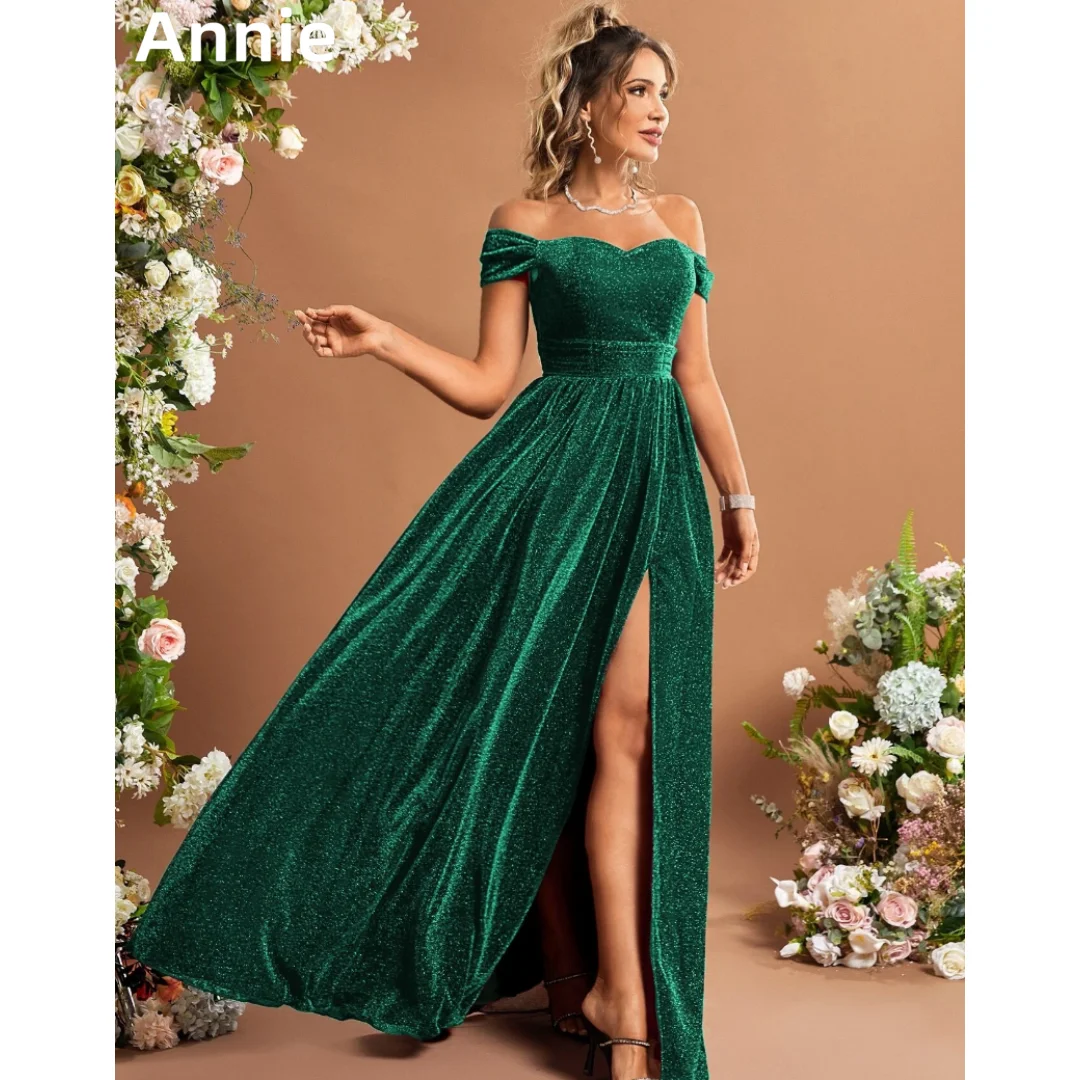 

Annie Green Prom Dresses Flash Off-shoulder Side Slits Evening Dresses A-Shape Elegant Lady Wedding Party Dress فساتين سهرة