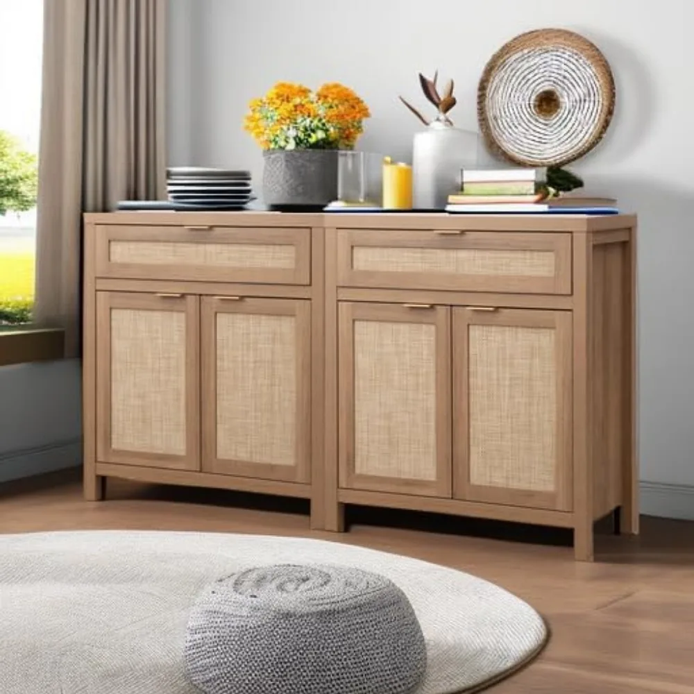 Příborník bufet skříň sada z 2, ratanové credenza úložný skříň, boho bufet stůl konzole skříň káva pult skříň