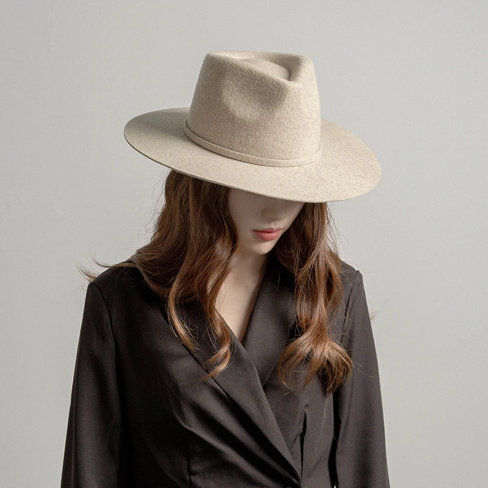 

100% Australia Wool Felt Fedora Hat with felt belt wide brim fashion design