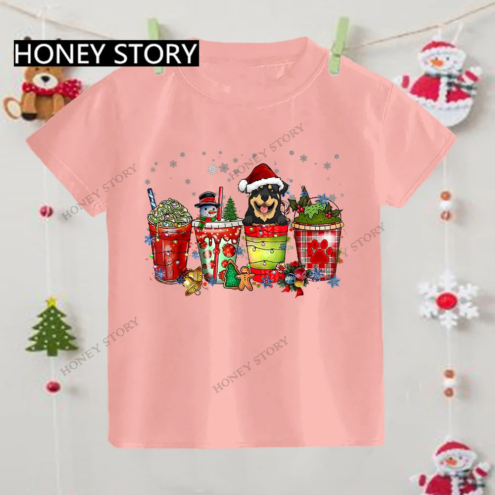 Merry Christmas Kids TShirt Christmas Coffee Dog Kids Casual Short-sleeved T-shirt for Kids Girls Clothes