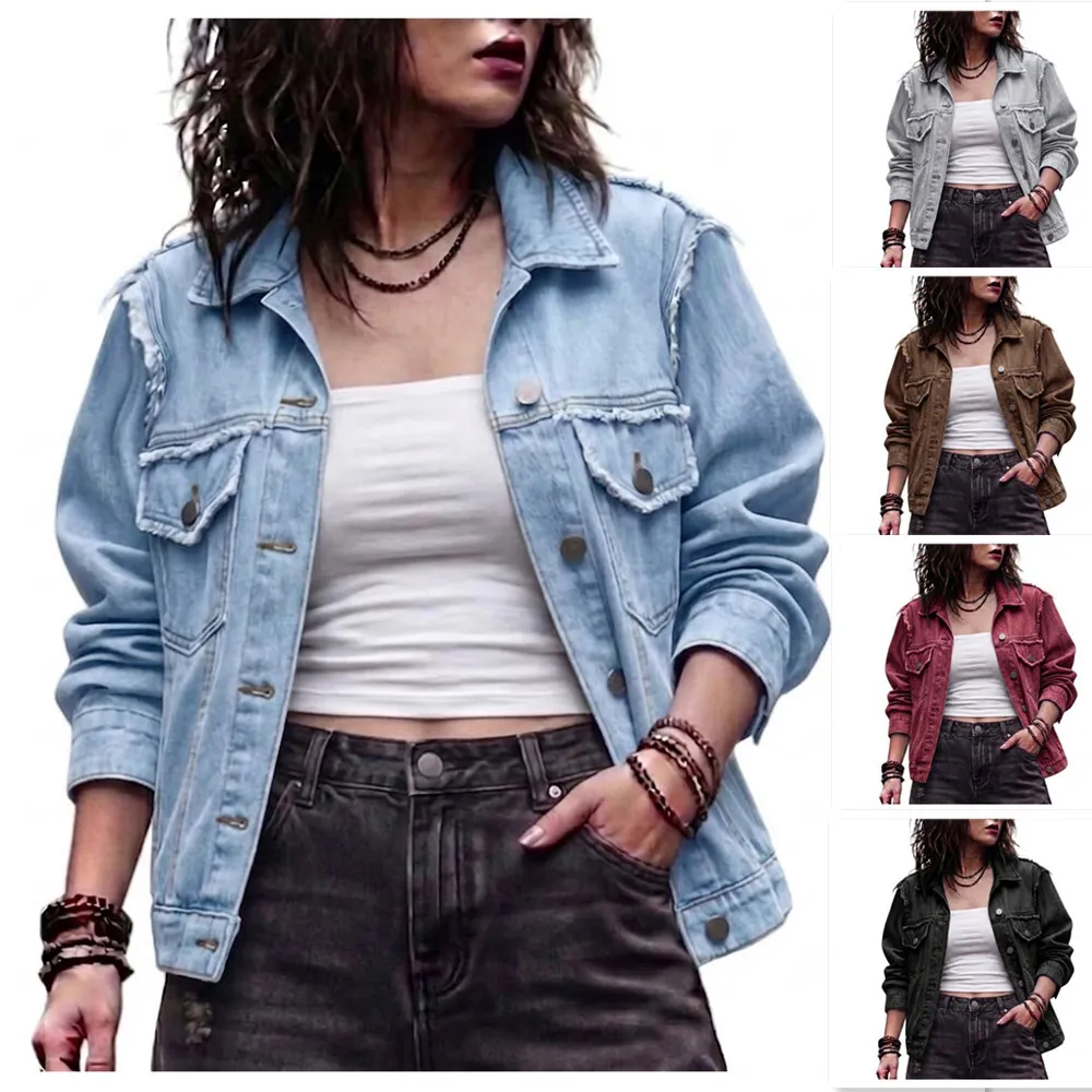 Women Denim Coat Turn Down Collar Jackets Single Breasted Full Sleeve Vintage Washed Y2k Streetwear Work Casual Jacket Raw Edge