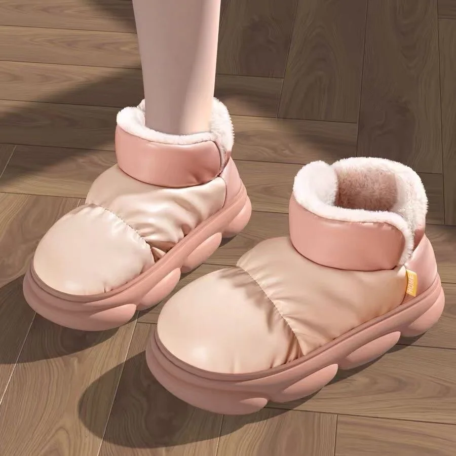 Chinelos de pelúcia à prova dwaterproof água das mulheres do plutônio de couro macio botas de neve sapatos planos de inverno sapatos casuais casa peluda plataforma chinelos de homem sapato 2022