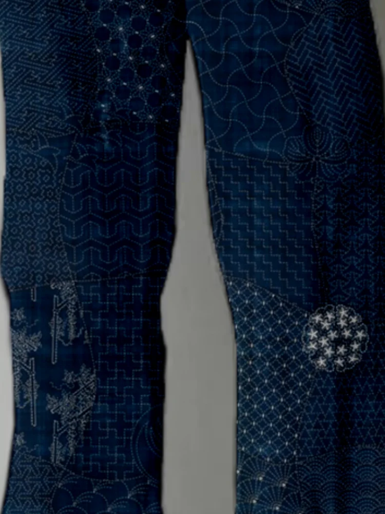 Men's Japanese Traditional Sashiko Art Blend Casual Pants Fashion Wide Leg Long Trousers Holiday Floor-Length Autumn 2025 Bottom