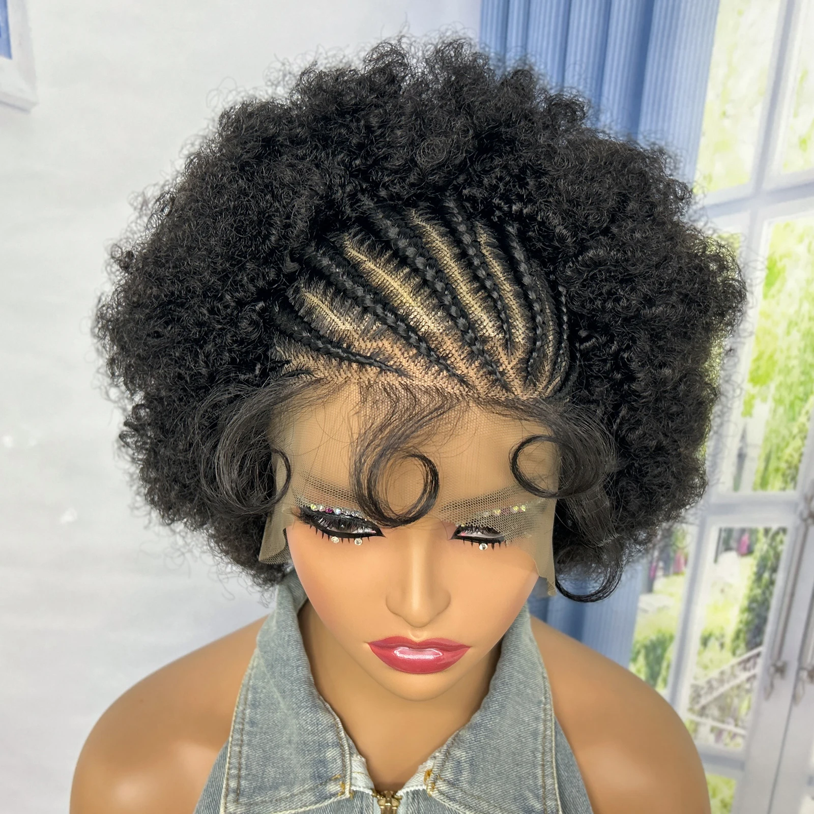 Short Synthetic Cornrow Braided Wigs 6 Inches Kinky Curly Afro Braided Wigs Lace Frontal Braiding Wigs for Women with Baby Hair