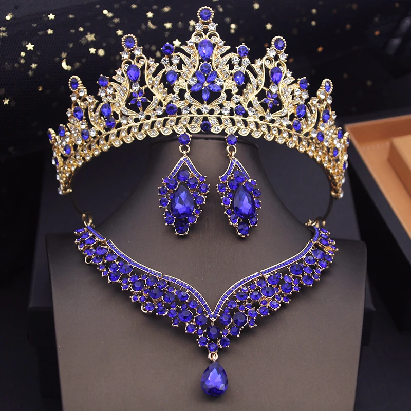 Fashion Blue Bridal Jewelry Sets Women Choker Necklace Earrings With Crown for Wedding Dress Bride Costume Accessories