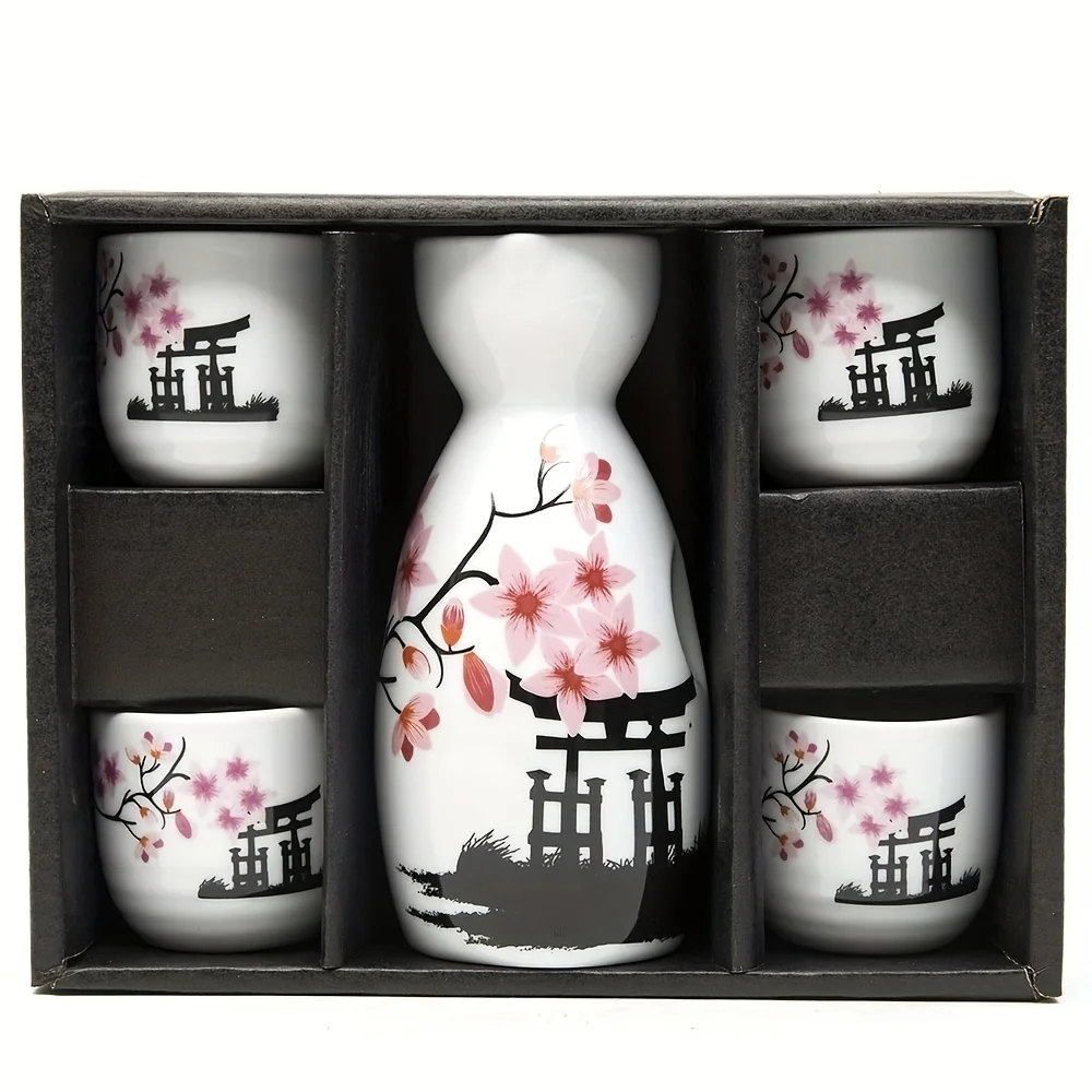 Ceramic Hand Painted White&Pink Flower Blossom Japanese Sake Set Birthday Gifts Collectibles