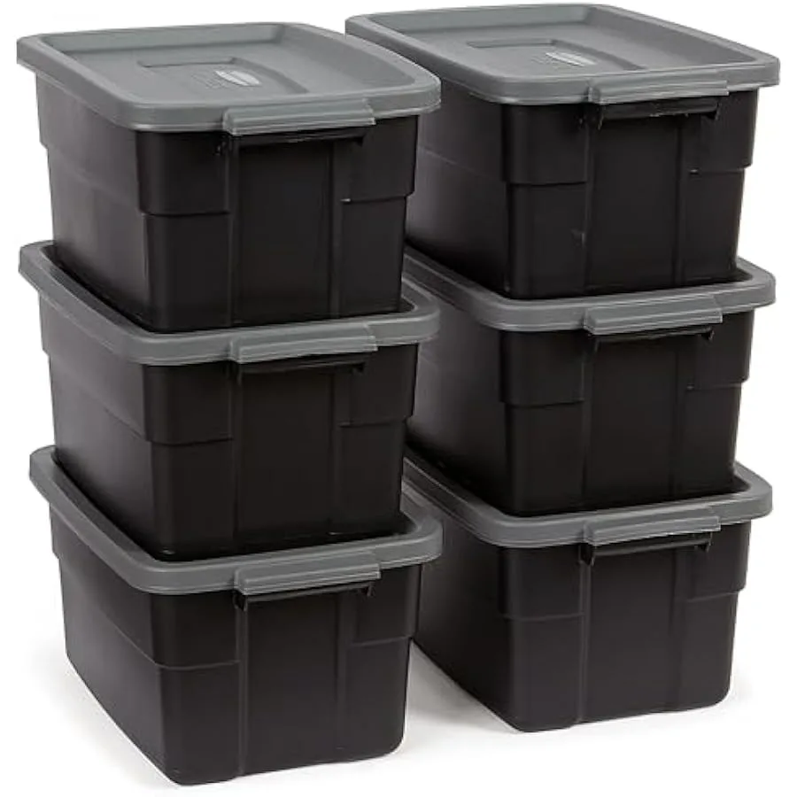 Rubbermaid Roughneck Tote 3 Gal 6 Pack Made in USA Black and Gray Rugged Plastic Stackable Storage Bins with Lids and Handles