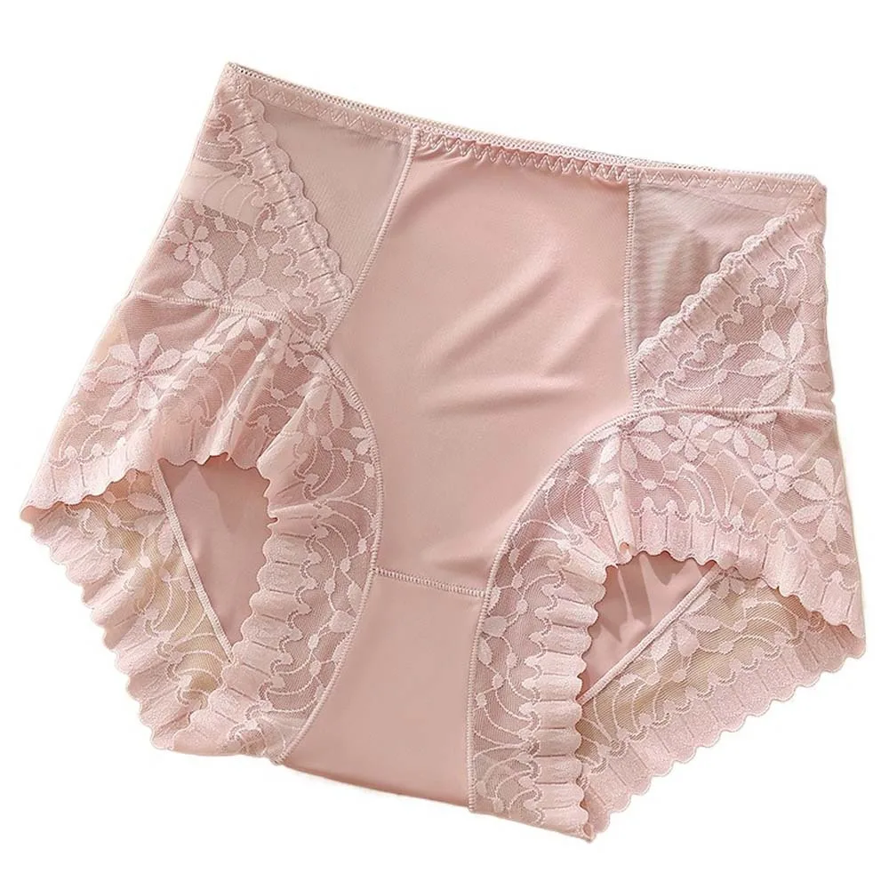 

Satin Women Silk Panties High Waist Belly Contracting Ice Silk Lace Underpants Solid Color Lingeries Korean Underwear Lady