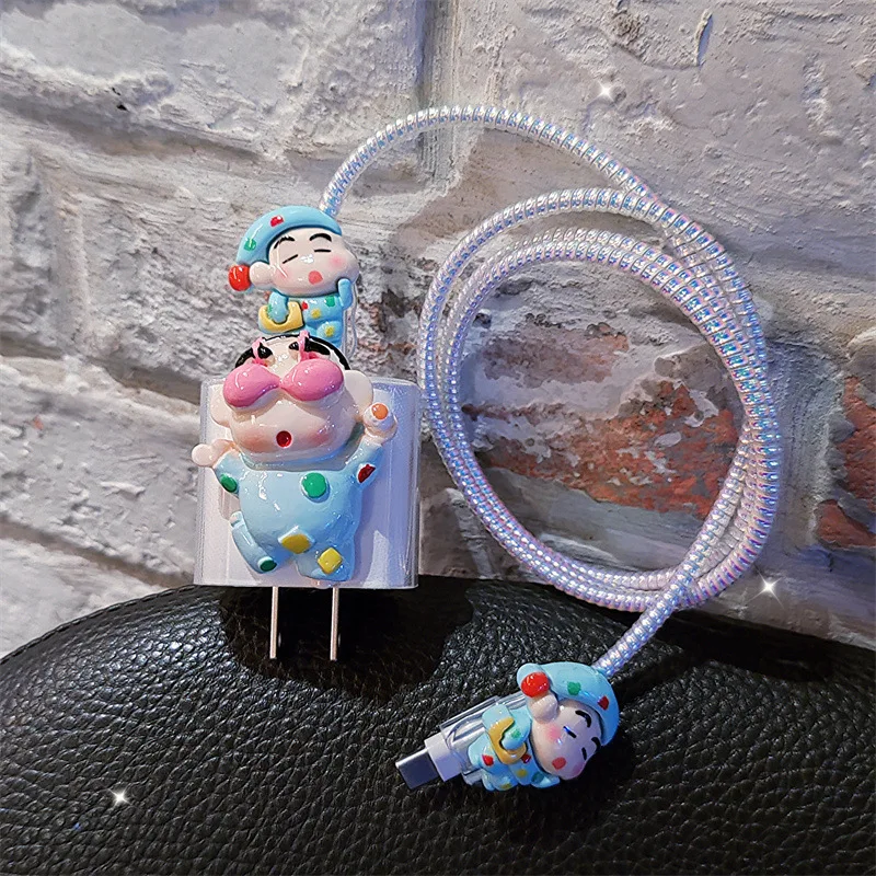 4 Stks/set Krijt Shin-Chan Data Kabel Beschermhoes 20W Voor Iphone 15 14 Kawaii Cartoon Anti-Fractuur Oplader Beschermhoes