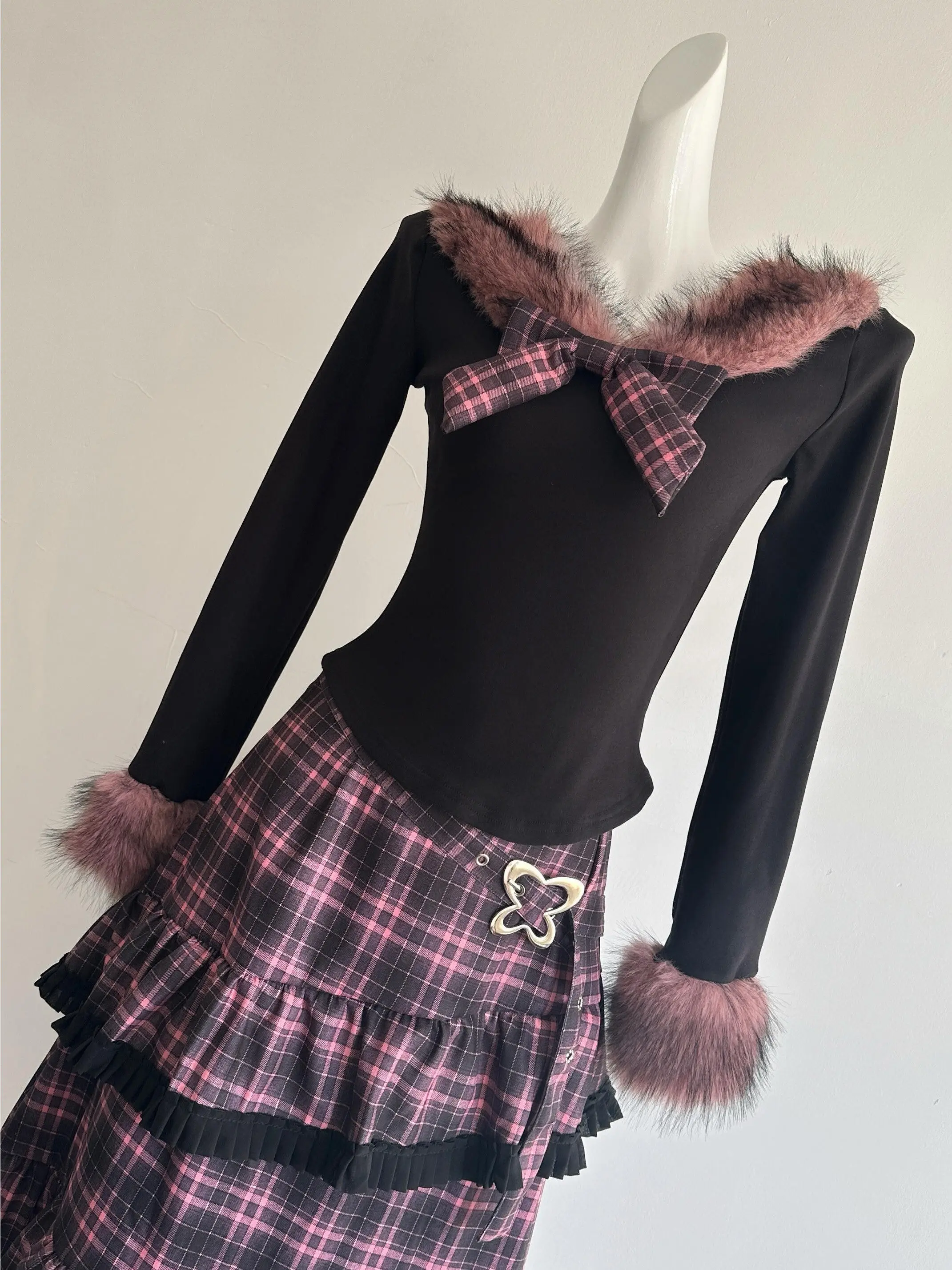 

Sli Winter Outfit Women's Plaid Skirt And Top Set Korean Sle Faionable Warm Fur Collar Slim Fit irt