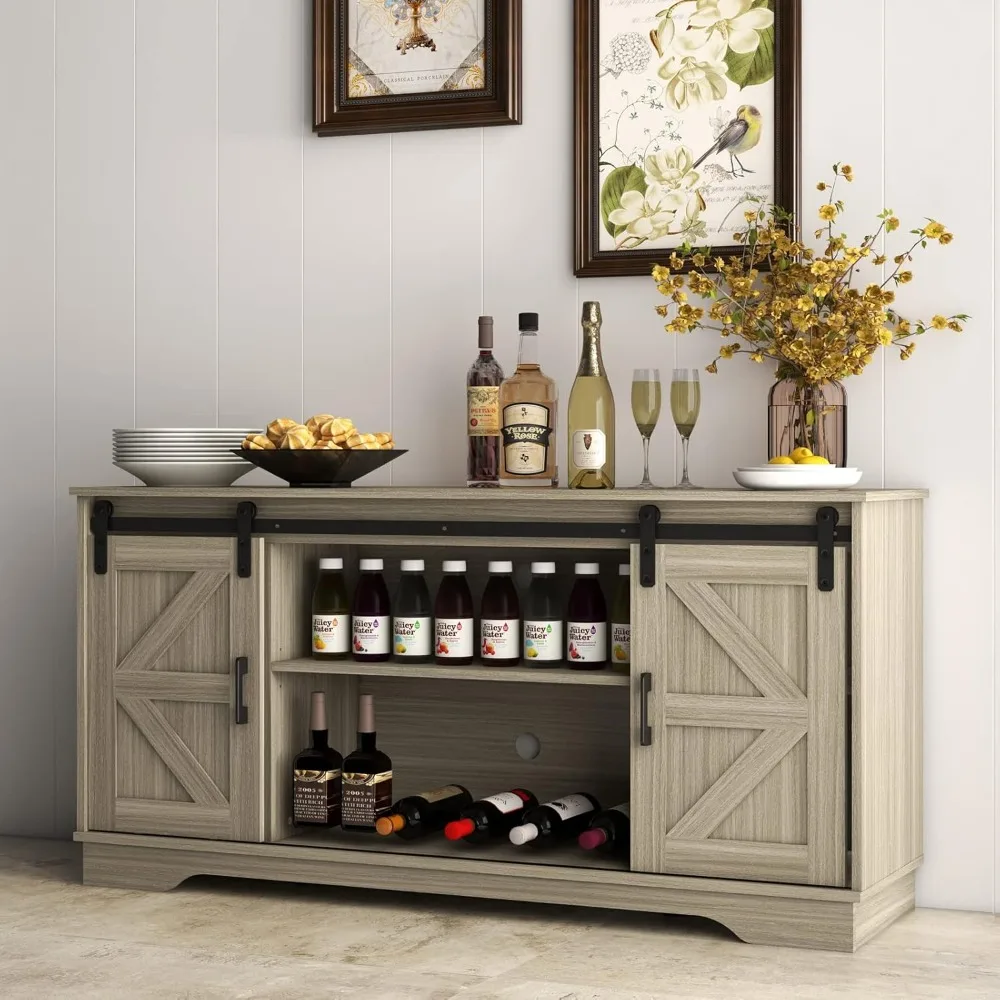 

Bar Cabinet with Barn 2 Sliding Doors Buffet Farmhouse Storage Cabinet TV Stand (Natural Wood)