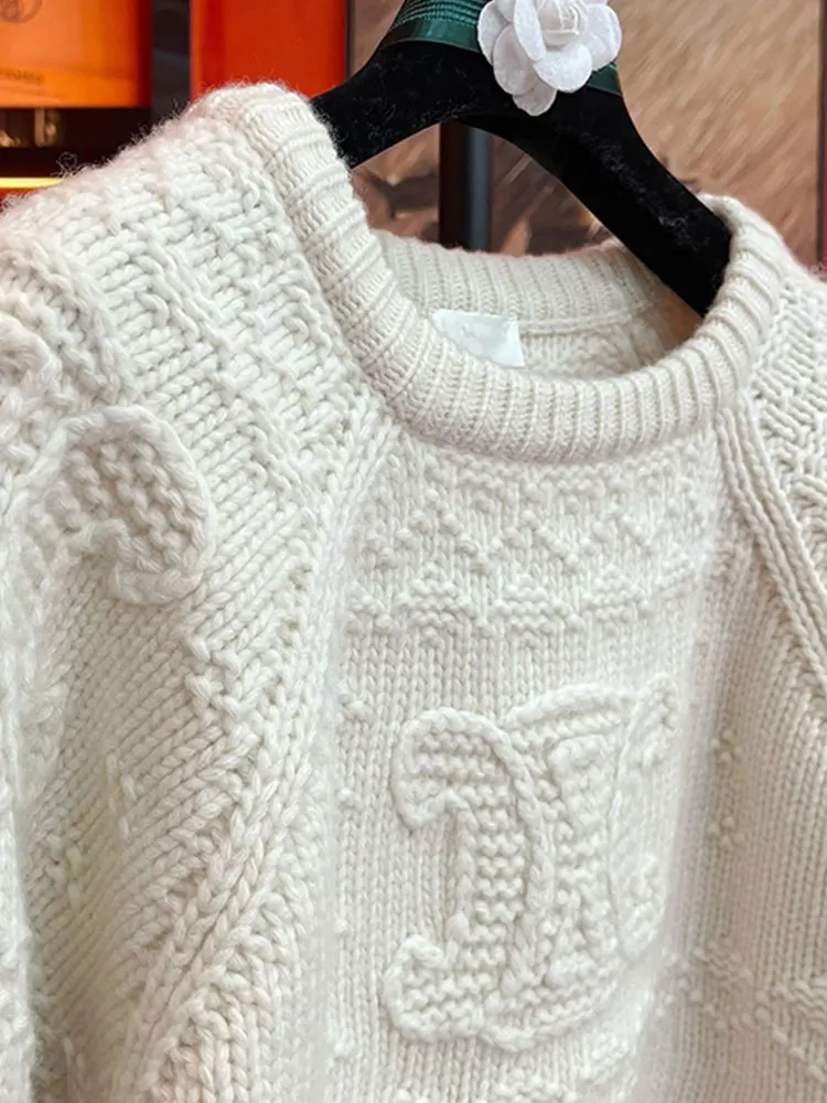 Korean Commuter Knitted Sweater Women\'s 2023 Autumn Winter Casual Thickened Round Neck Crochet Pullovers Loose Long Sleeve Tops