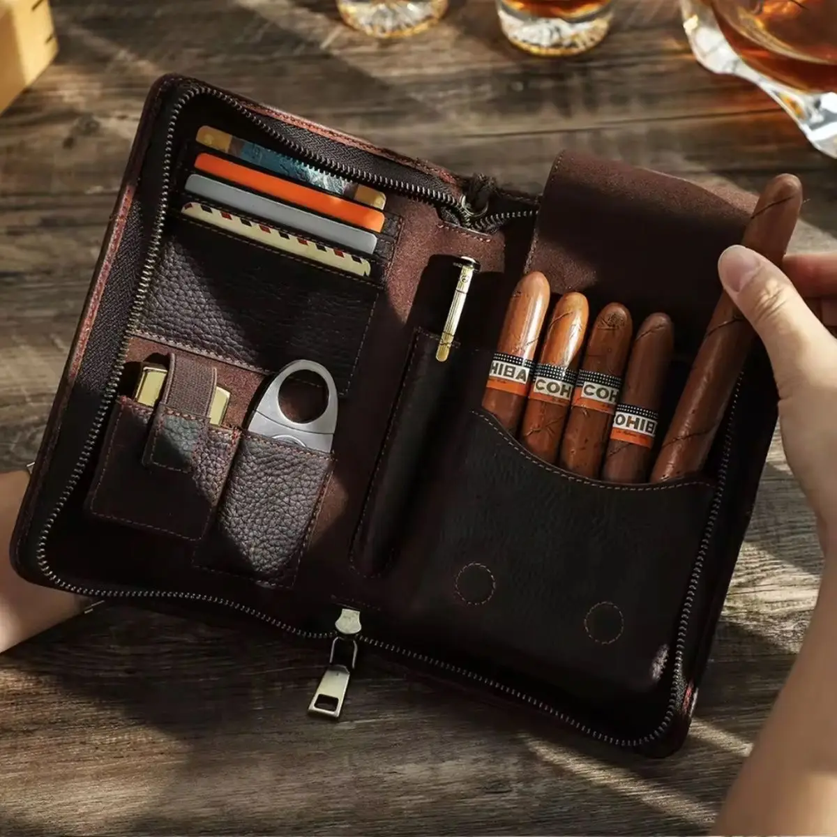 

Travel-Sized Portable Cigar Case, Card Holder, Includes Cigar And Lighter, Pen, Cigar Cutter Slot