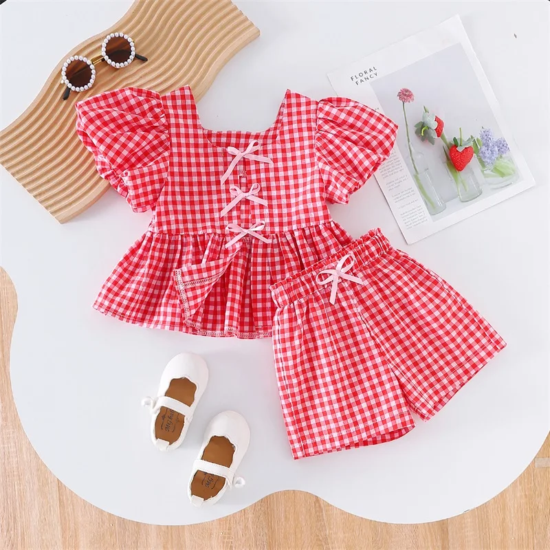 1-4Y Baby Toddler Girl Plaid Outfit Tie-up Front Puff Sleeve Babydoll Shirt Tops Elastic Waist Shorts Summer Girls Clothes Set