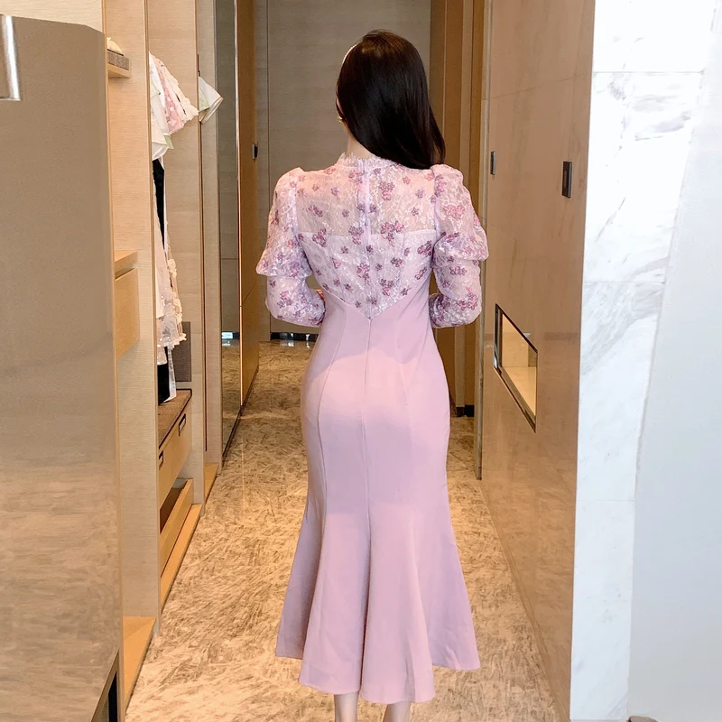 Fashion Style Pink Qipao Dress WOmen Sweet Exquistie Sheer Lace Embroidery Spliced Fishtail Robe Birthday Party Mujer