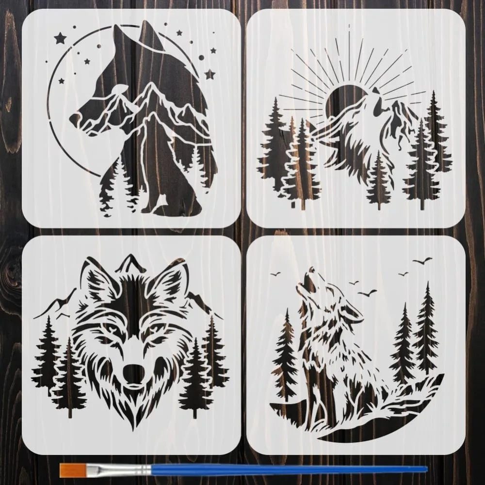 4Pcs Wolf Mountains Forest Painting Stencil with Brush 7.9x7.9 Inch 4 Styles Forest Animal Stencil Reusable Mountain Wolf DIY