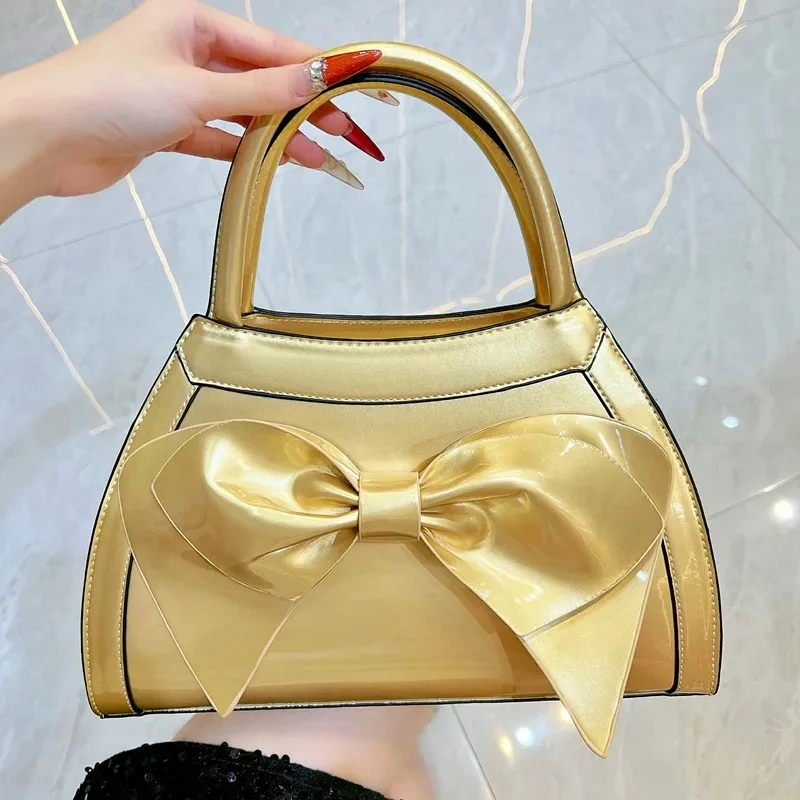 New Fashion Design Women's Bow Evening Bag Luxury High End Party Bright PU Leather Handbag Bride Wedding Dress Crossbody Bag