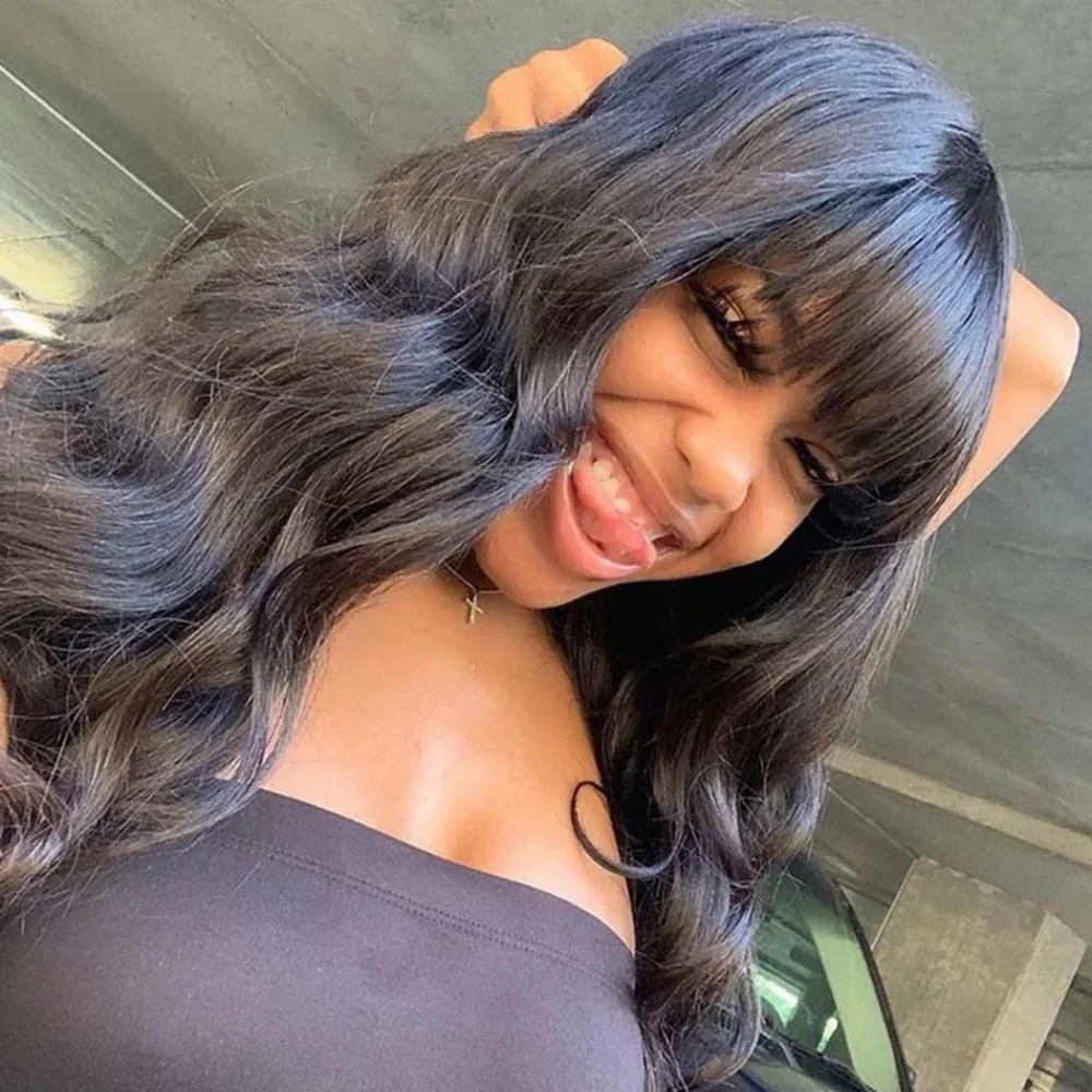 

Loose Body Wave Wig Full Machine Made With Bangs Human Hair Body Wave Wig 30 Inch Wig For Women Choice High Density On Sale