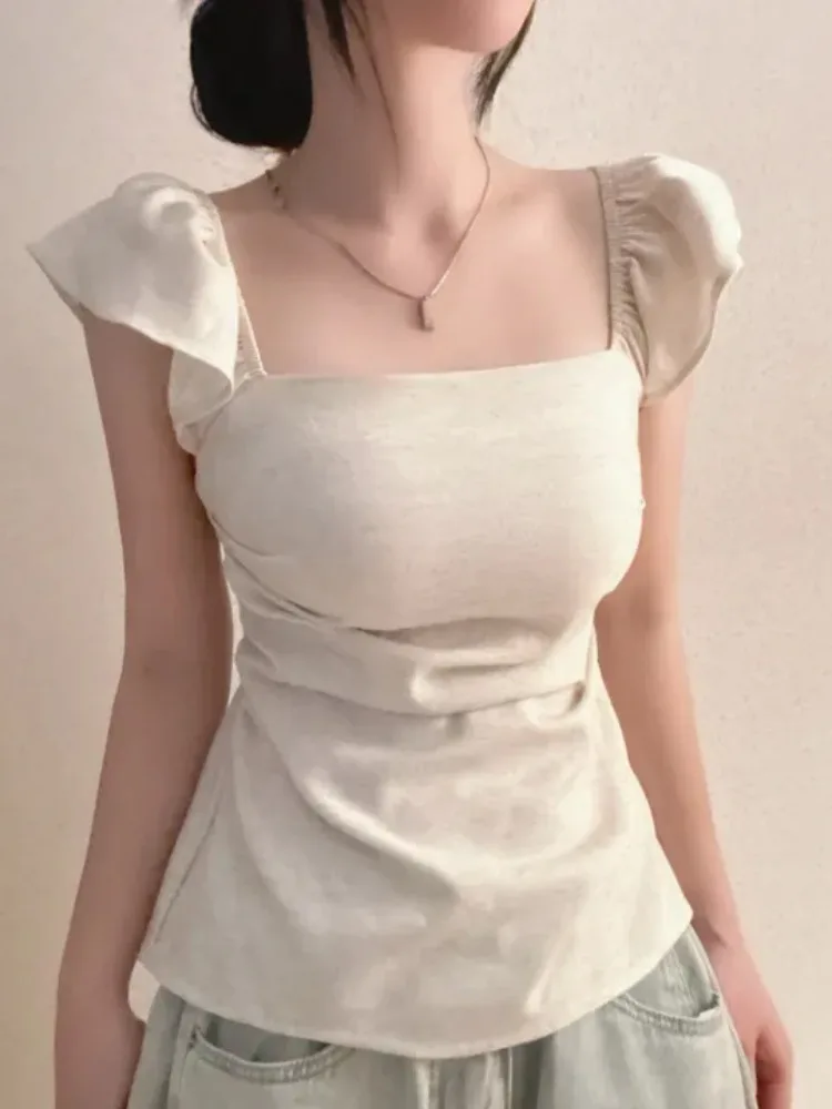 

Women's Slim Fit irt with Bow Tie Square Collar Fly Sve Sexy Ele Faionable Summer 2025 Other Material 00%