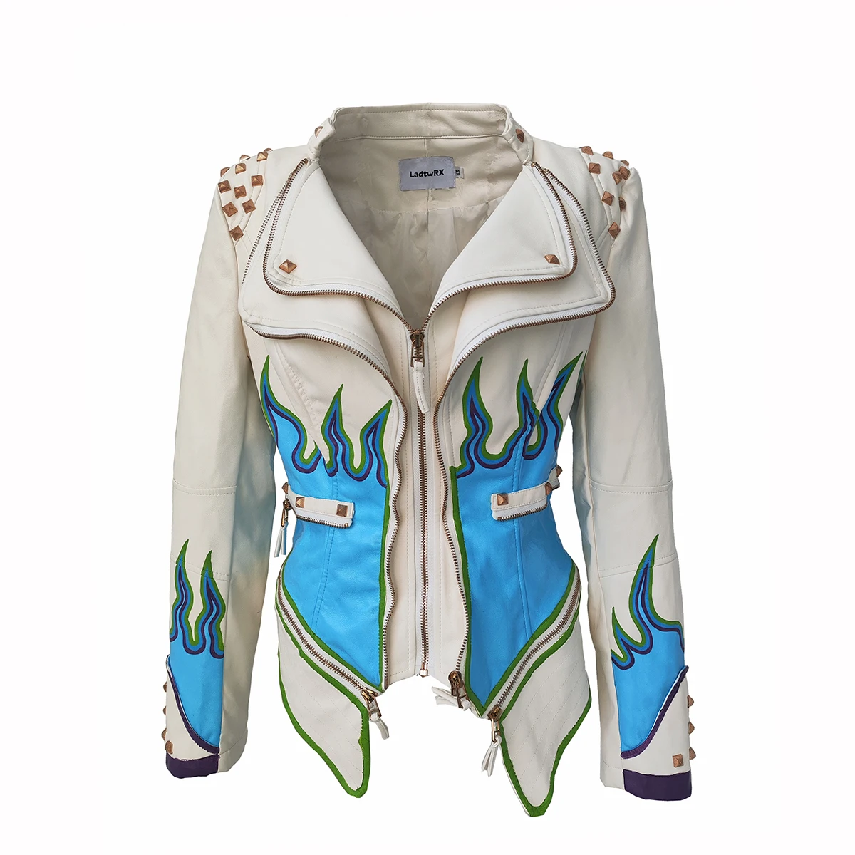 Giacca da Donna in Ecopelle PU con Borchie e Rivetti, Vestibilità Perfetta, Pelle Artificiale con Graffiti Disegnati a Mano, Stile Punk Moto Biker