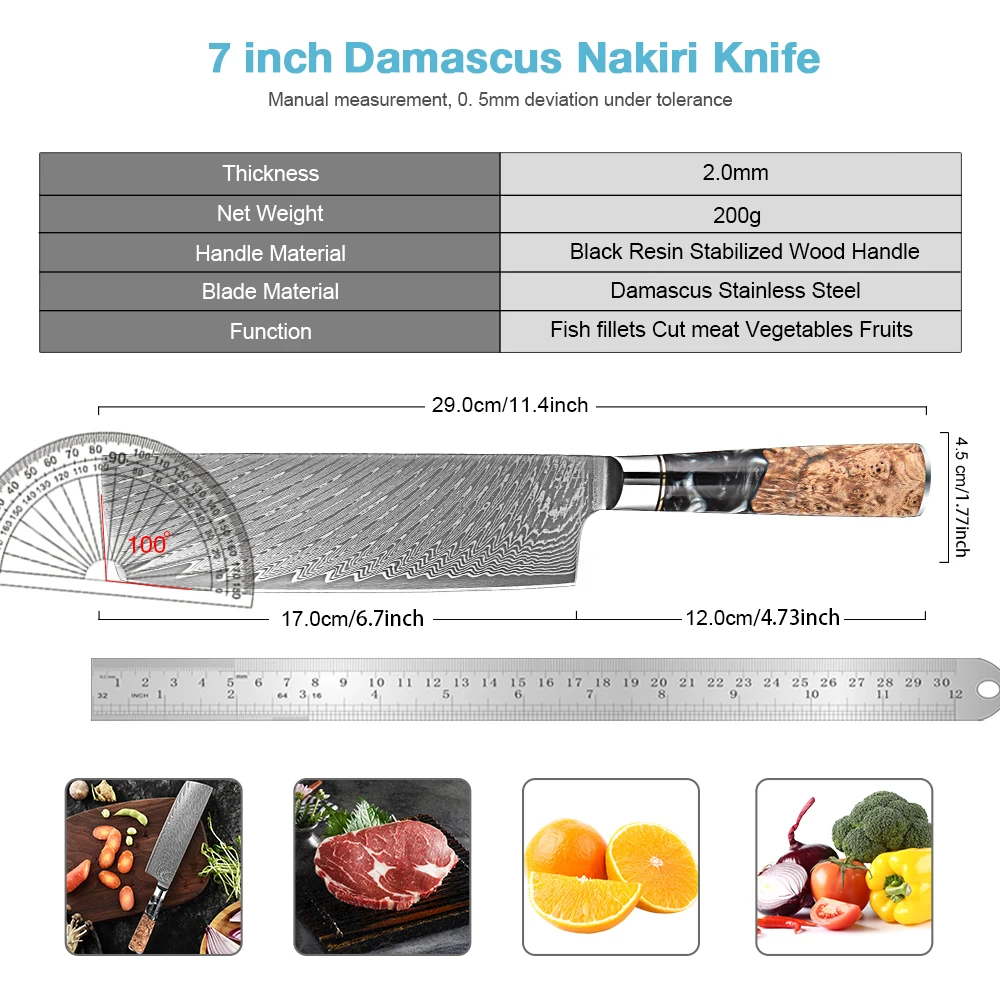 High Quality Nakiri Knife 7 Inch Japanese Vegetable Knife Damascus High Carbon Steel Sharp Asian Knife Kitchen Slicing Knife