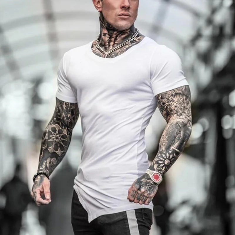 Solid Color Short Sleeve Slim Fit V-neck Shirts Gym Bodybuilding Fitness Muscle T-shirts Mens Workout Muscle Irregular Tee Tops