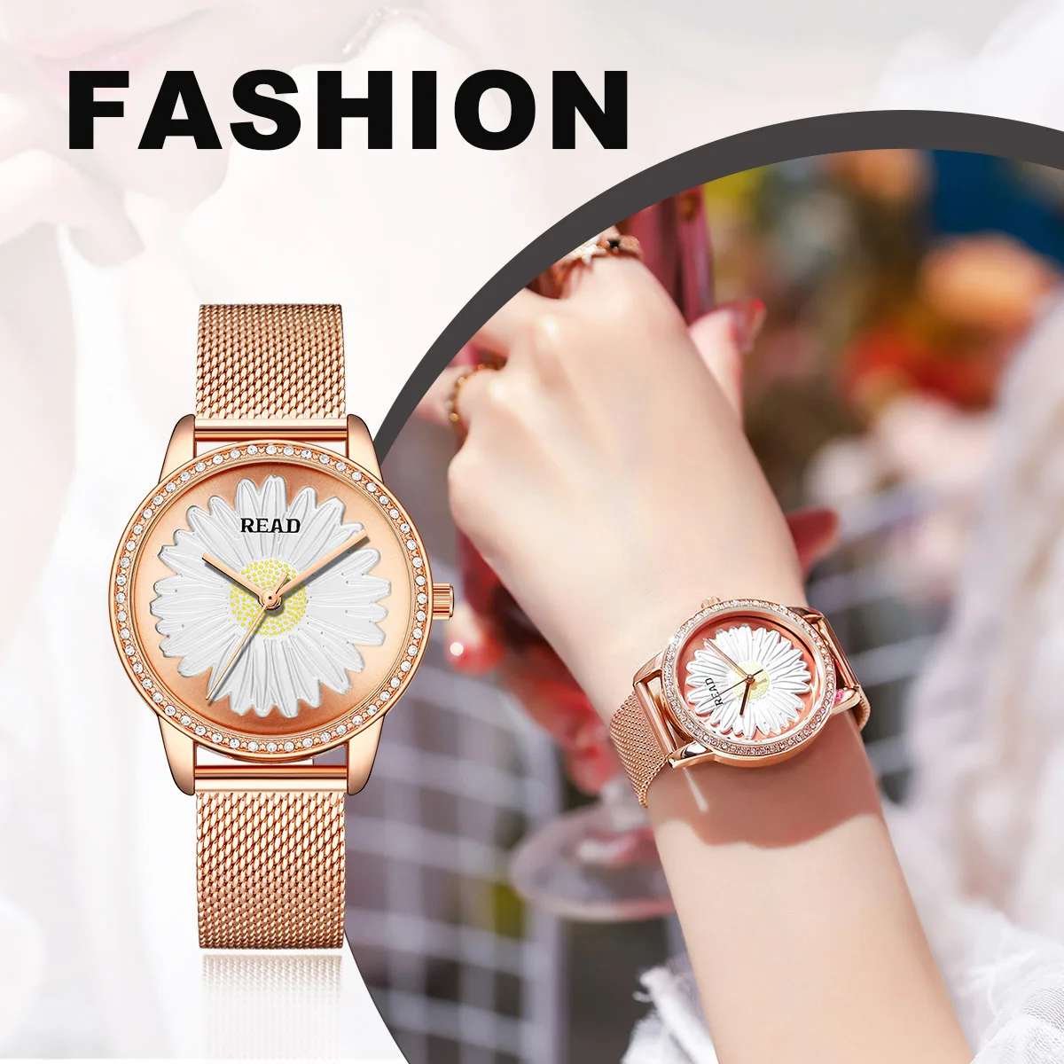 Women Quartz Watch | Embossed Flower Dial | Rhinestone Bezel | Rose‑Tone Stainless Steel Mesh Band | Daily Water Resistant