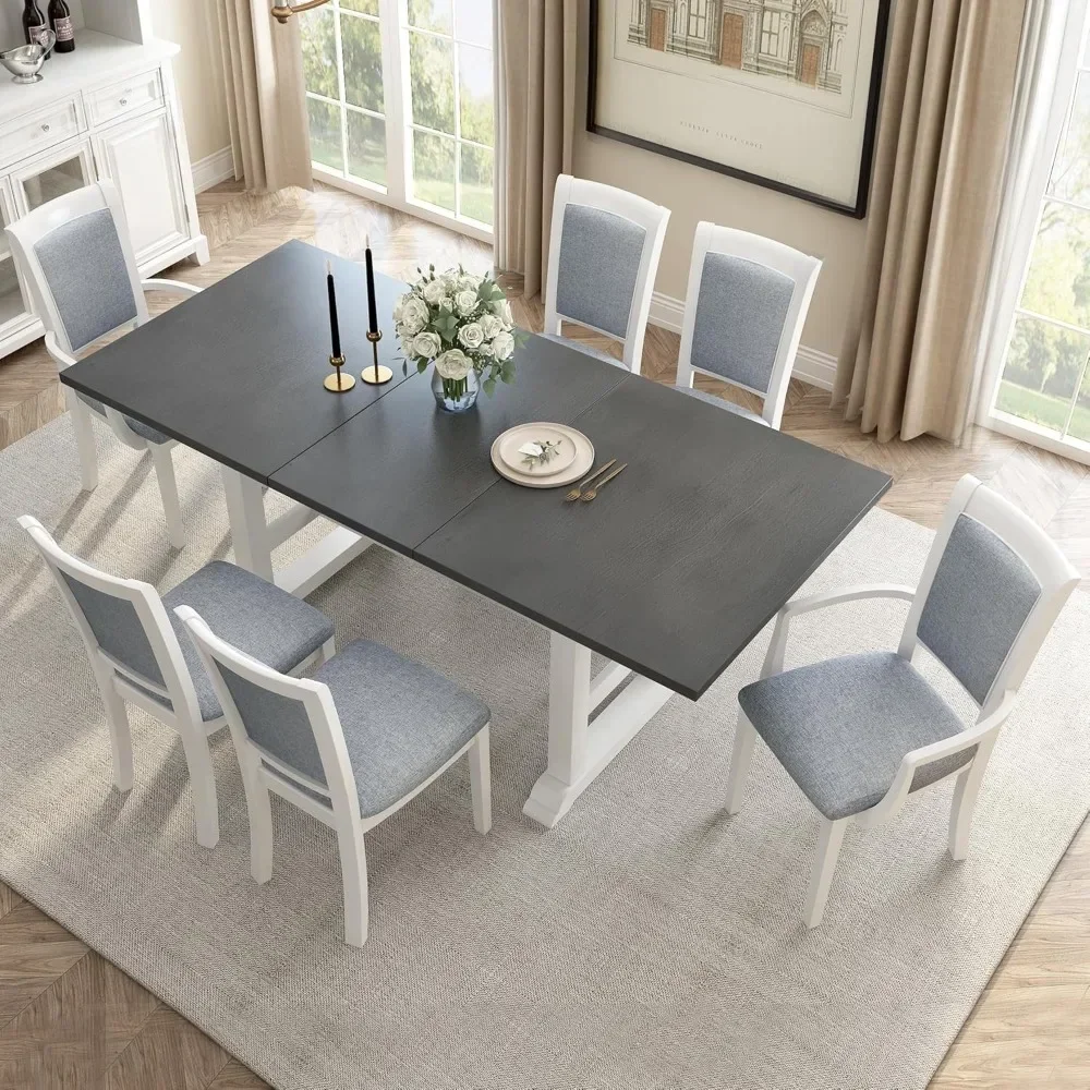 

7-Piece Dining Table Set, 76.9inch Extendable Trestle Tables, Tables with Upholstered Side Chair and Armchair, Dining Table Set