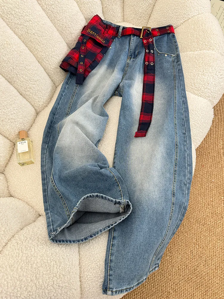 

Американские джинсы в стиле High Street с клетчатыми вставками, женские свободные брюки с высокой талией и широкими штанинами, осенняя коллекция