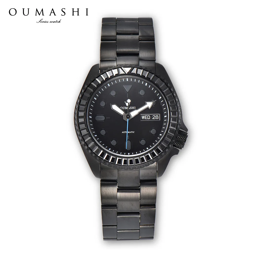 นาฬิกา NH36 นาฬิกาข้อมือจักรกลผู้ชาย ขอบหน้าปัดประดับพลอยสีดำ ปฏิทินคู่ ตัวเรือนสแตนเลส กระจกแซฟไฟร์ นาฬิกา SKX007 สำหรับผู้ชาย