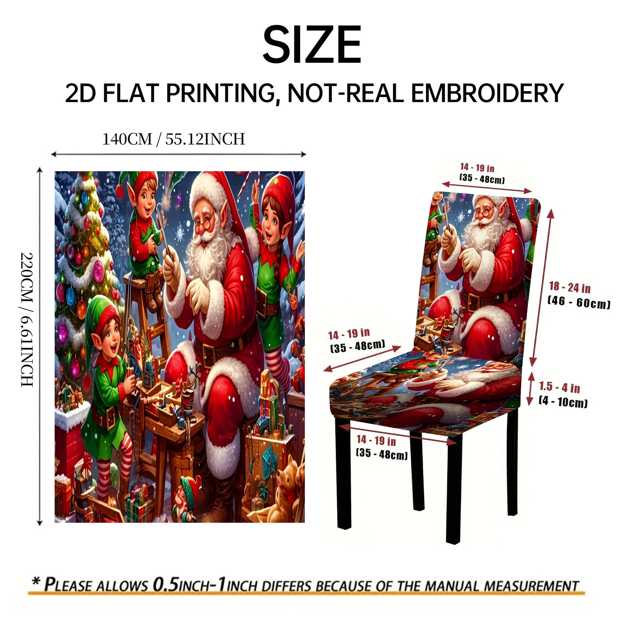 2/4/6 PCS Christmas Santa elf painting elastic dining chair cover, 2D flat pattern gift box Christmas holiday decoration