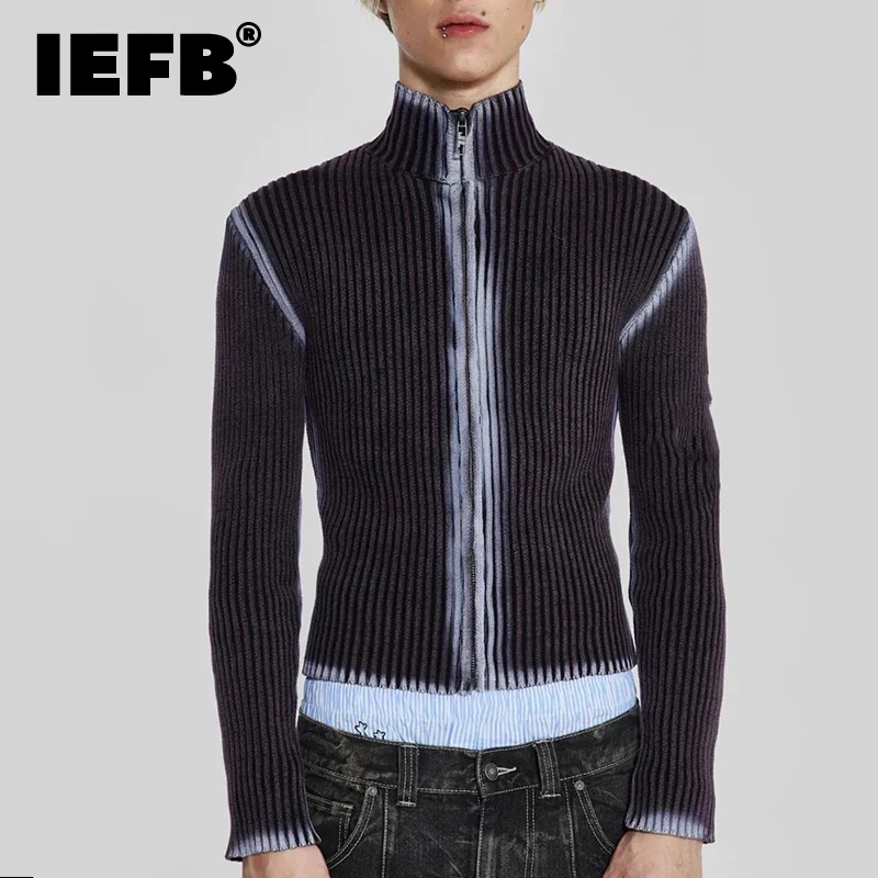 IEFB Men\'s Sweater Male Knits Tie-dye High Street Sleeveless Pullovers Turtleneck Top Zipper Cardigan 2023 Autumn Winter 9C3482