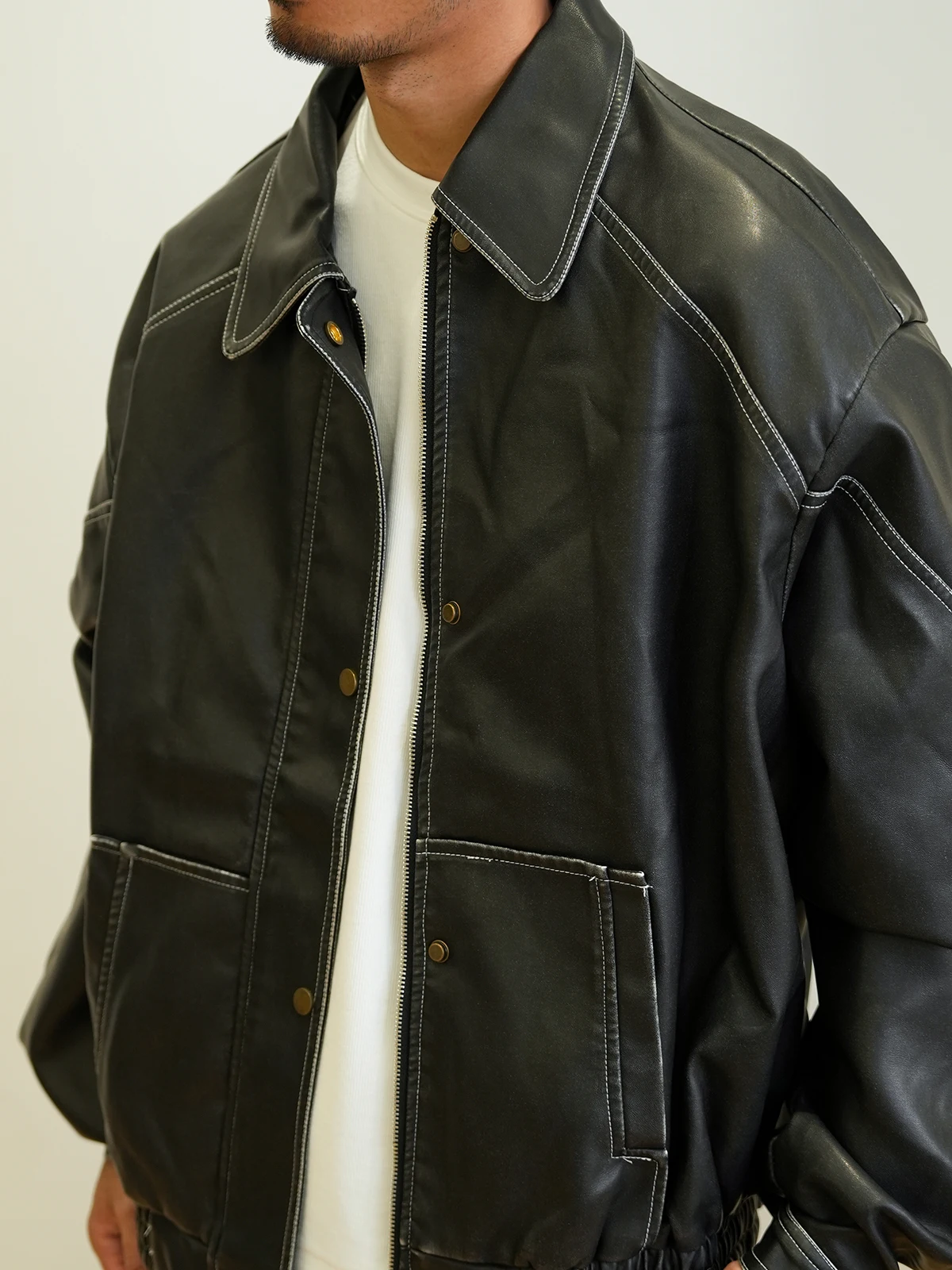 LAOYAN Original American Sle Motorrad Jaet PU Leder Vintage genähte Linie Herren Retro High Street Cool Ledermantel