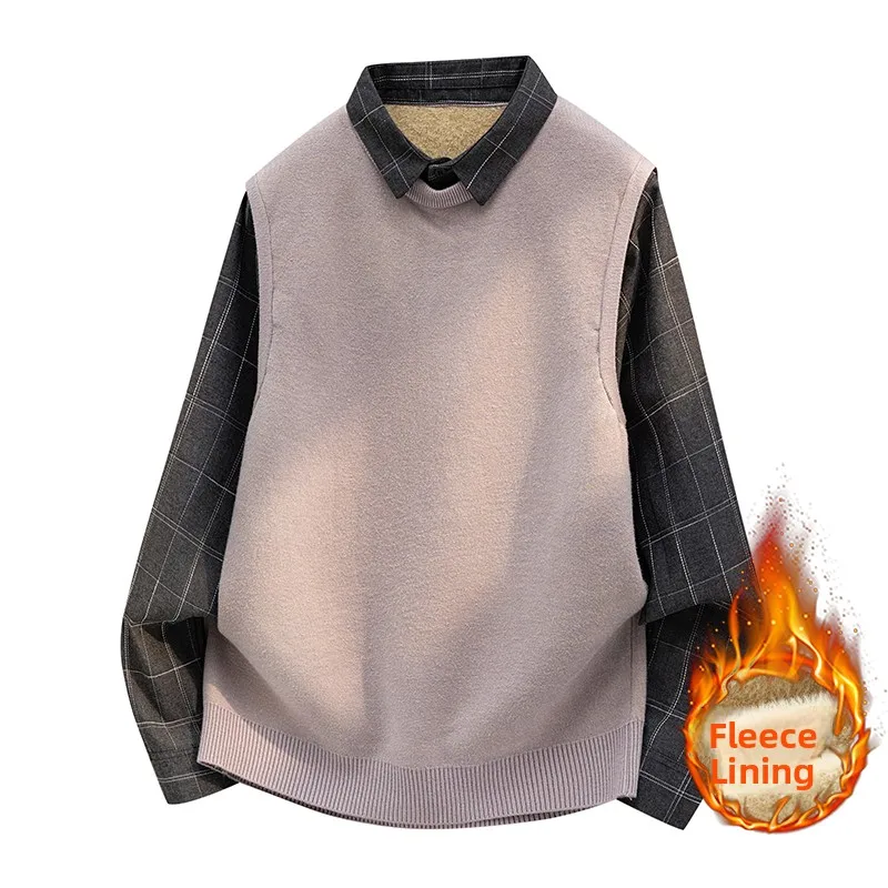 

Мужской вязаный свитер с имитацией двухслойности и воротником-рубашкой, теплый, зимний, модный, в университетском стиле, из полиэфирного волокна, с длинным рукавом