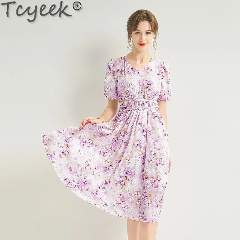 

Tcyeek 100% Mulberry Silk Elegant Women's Dresses Long Dresses for Women Summer Clothes High Waist Dress 2024 Vestidos De Mujer