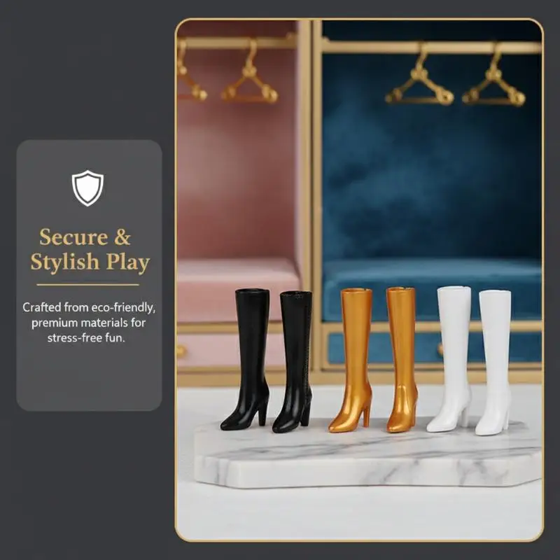 5 Pairs Pointed High Heels Toy Gold Black White Brown Boots Shoes For Doll Princess Playhouse Dress Up