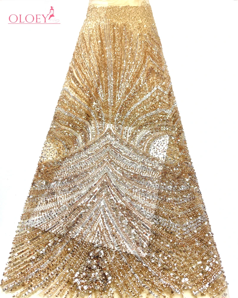

OLOEY New Gold Color Latest Africa Embroidered Tulle Net Fabric Luxury Beads High Quality Luxury Sequins Net Lace Evening Party