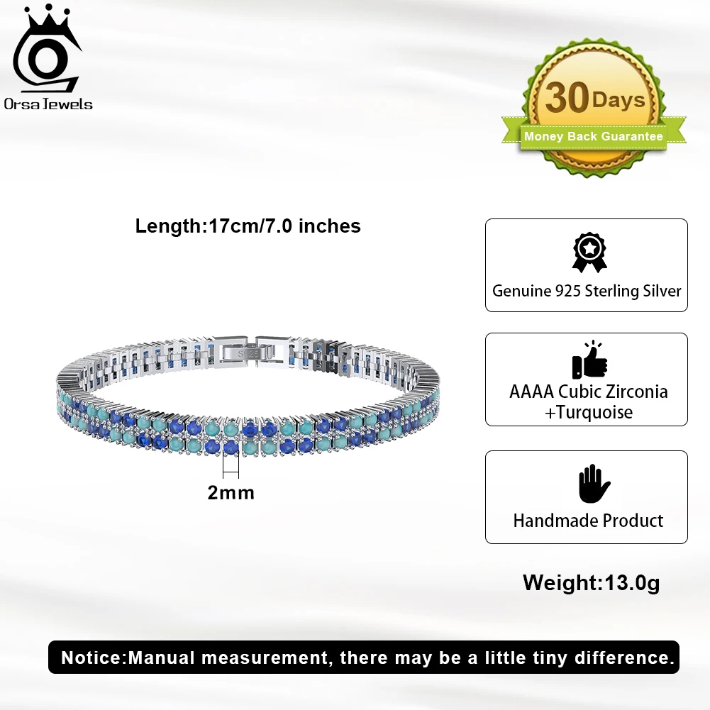 Imagem -02 - Orsa Jewels-925 Sterling Silver Handmade Tennis Bracelet para Mulheres Jóias da Moda Turquesa e Azul Corrente cz Fileiras Sb159