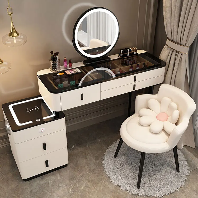 Multifuncional Princesa Dressing Table com Espelho LED, Vaidade Inteligente, Carregamento Sem Fio, Quarto Convertible