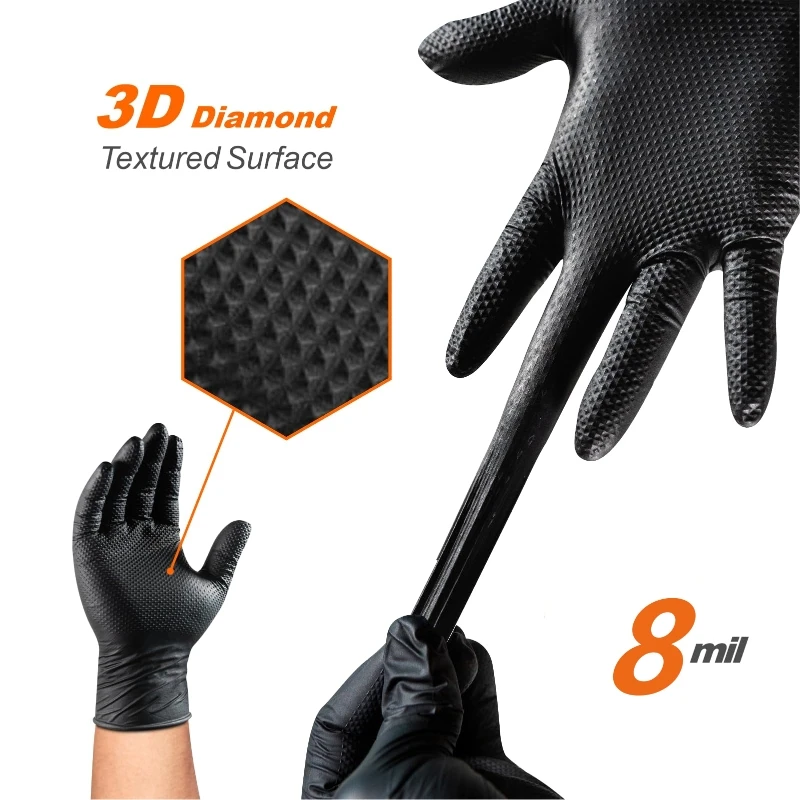 8Mil Heavy Duty Black Nitrile Gloves Disposable Safety Work Gloves with Diamond Textured Industrial Mechanic Automotive Gloves