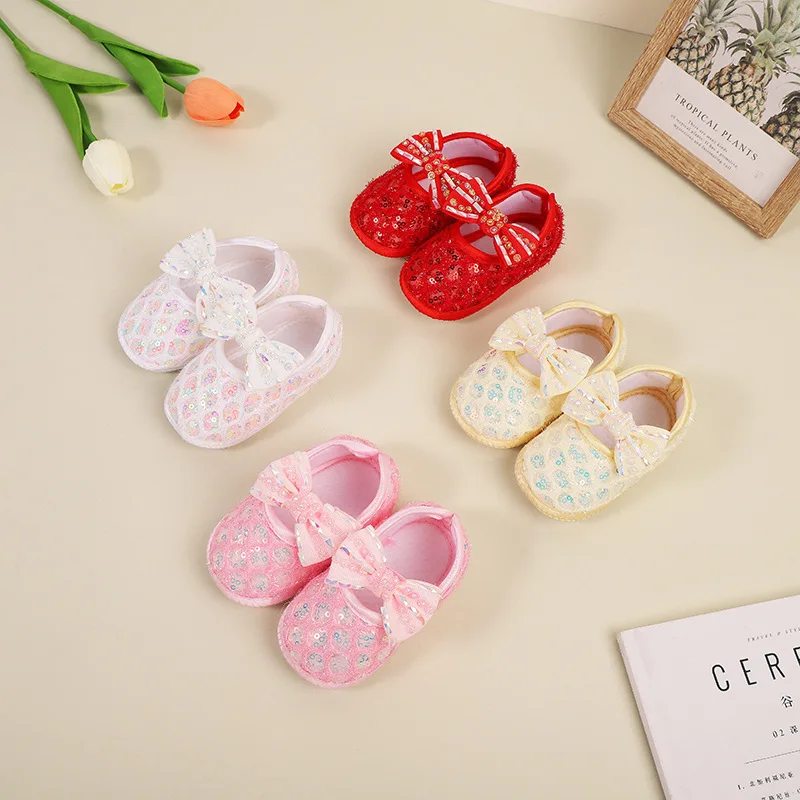 Baby Girl Sequins Bow Flats Shoes Infant Knit Cloth Walker Crib Shoes for Party Festival Baby Shower