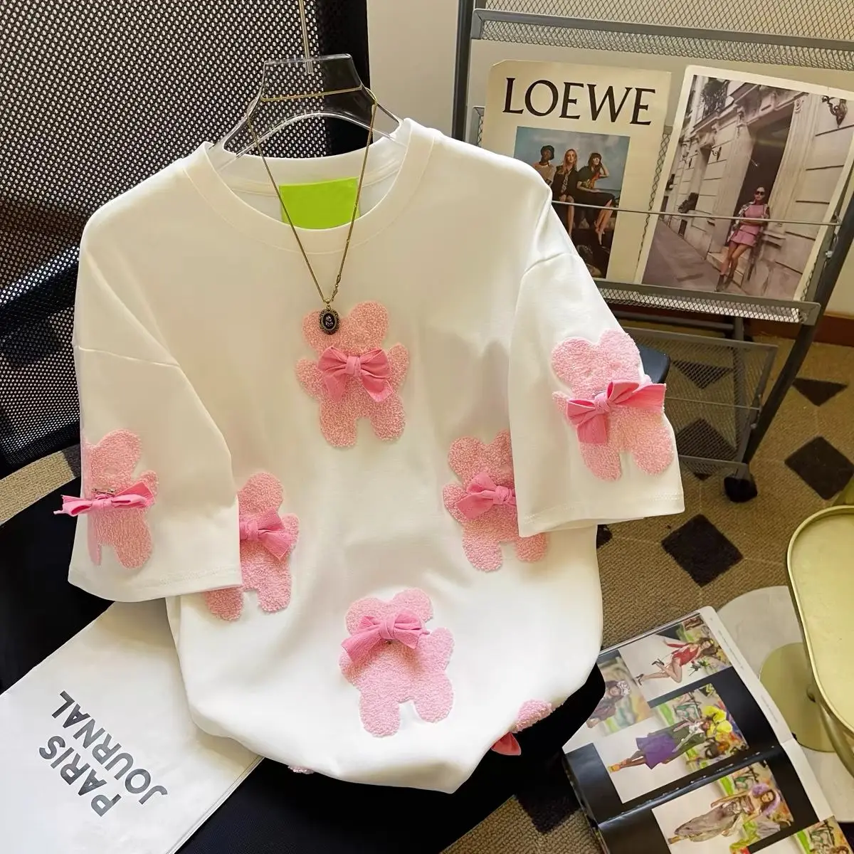 2025 Summer Embroidered Bear 3D Bow Short Sleeve T-Shirt Women Korean Cute Tee Kawaii Clothes Oversized Casual T Shirts Y2k Tops
