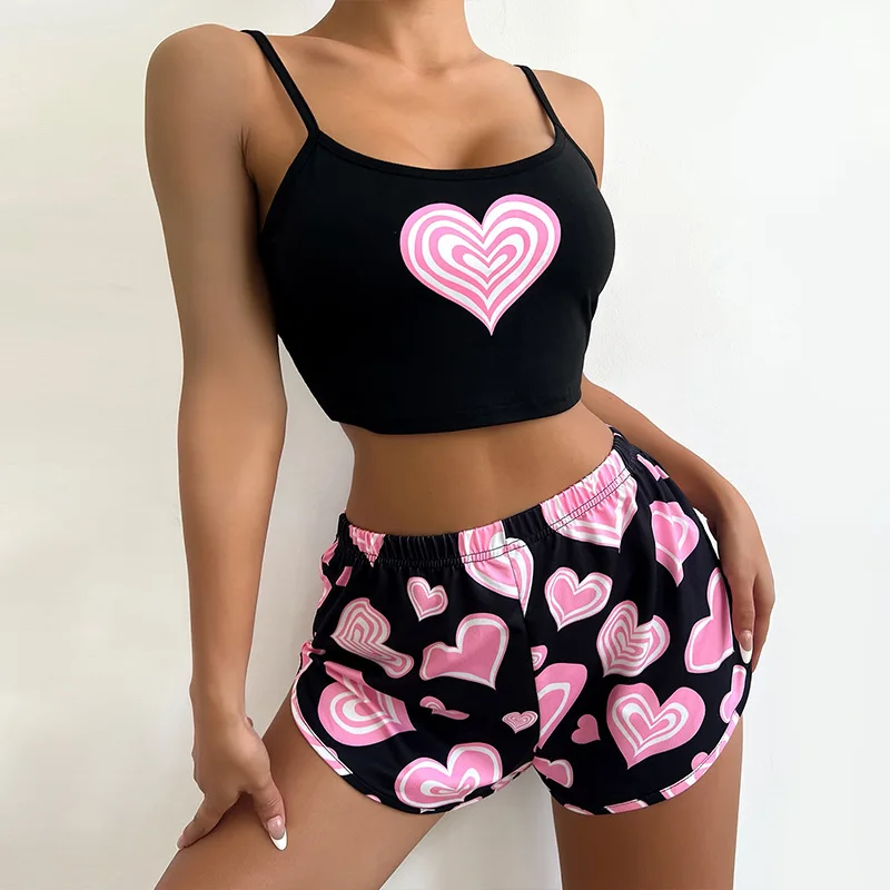 

Sexy Pajama Sets Two Pieces Women Loungewear Love Print Summer Crop Tops Shorts Sexy Lingerie Sleepwear Women's Clothing Trends