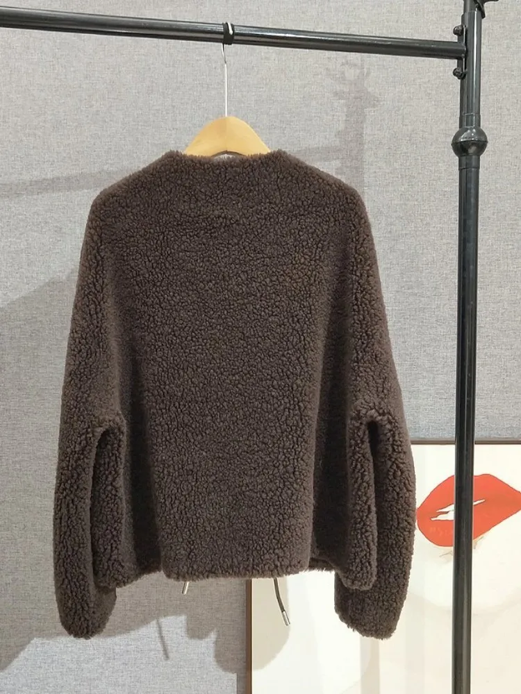 Mulheres inverno quente real pele de ovelha casacos curtos em linha reta solto ajuste zíper casaco de lã o pescoço à prova de vento outerwear jaqueta de cor sólida