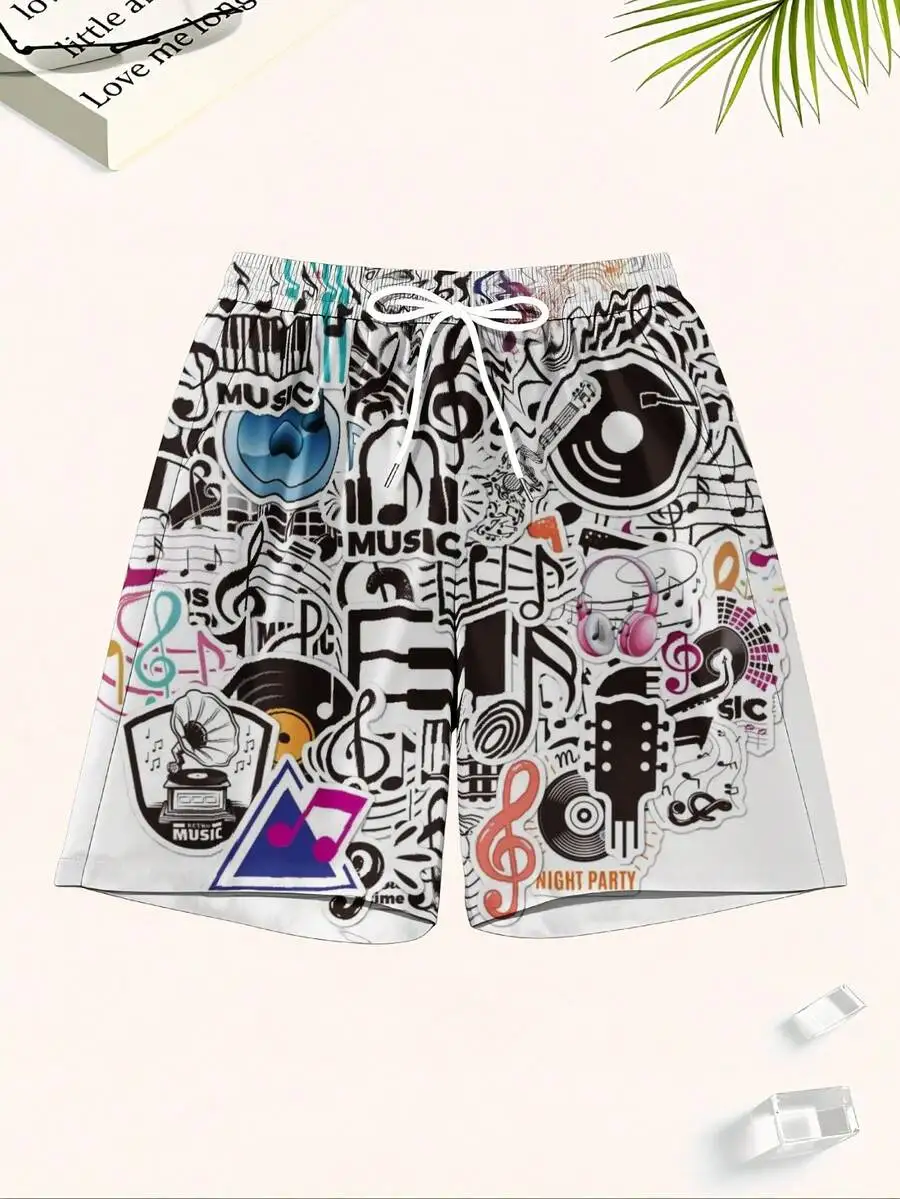 

Music Theme Mens Quick Dry Swim Trunks With Guitar Vinyl Records Notes Print Beach Shorts