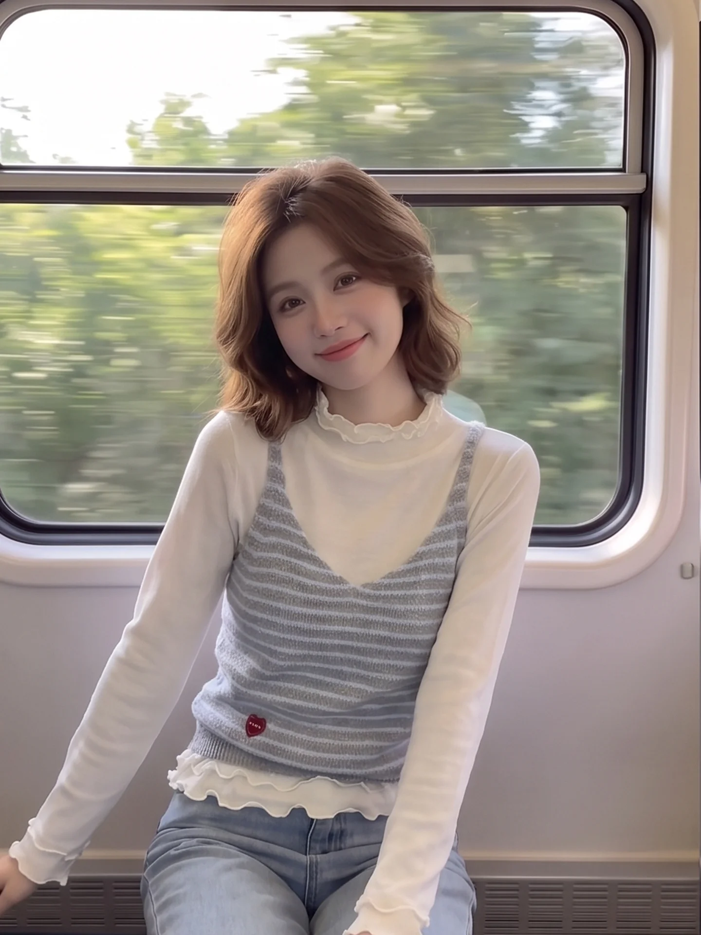 Soft Knitted Stripe Women's Sweater Base Layer Ear Design Autumn Winter Two-Piece Set Warm City Walk Style Long Sleeve Top