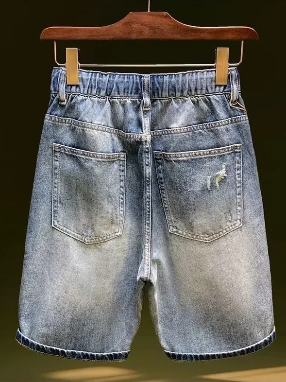 Summer New Vintage Five-Point Men's Trendy High Street Shorts Jeans Elastic Waist Drawstring Hole Middle Pants Casual Loose S...
