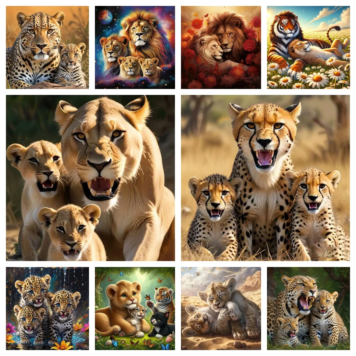 Lioness and Cubs Full Drill Diamond Painting Kit for Beginner , Cheetah Family DIY Gems Art Craft ,  Big Cats Art Safari Decor