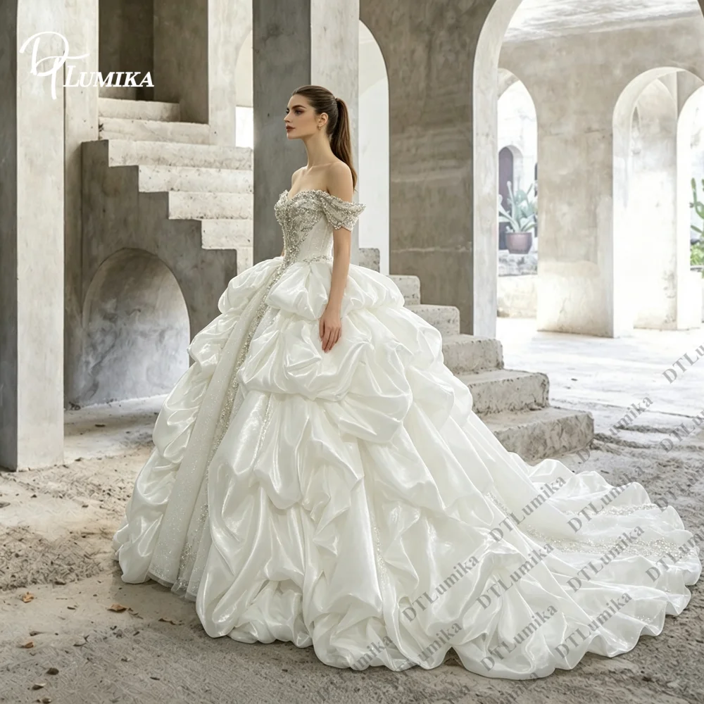Ruffled Voluminous Skirt Bridal Gown with Long Train Luxury Ball Gown Wedding Dress Princess Customized Church Bride Dresses